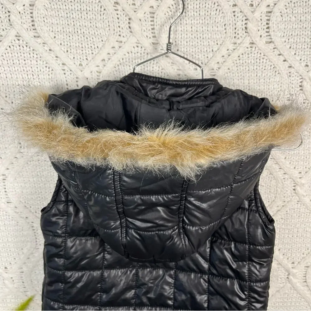 JUSTICE | Black Shiny/Metallic Quilted‎ Puffer Vest with Faux Fur Hood
